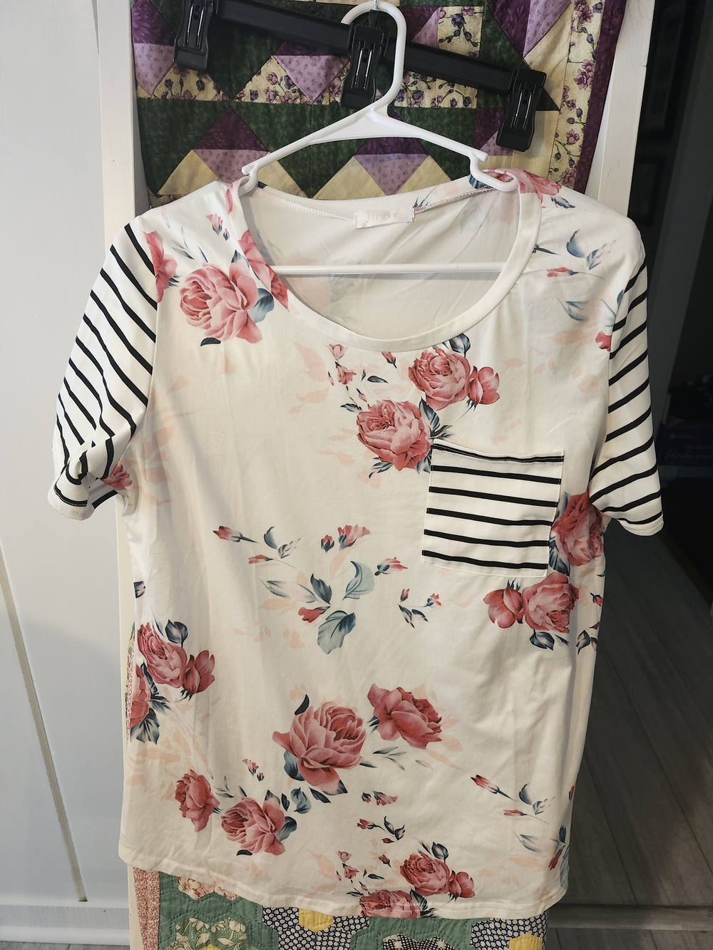 Floral Stripe Pocket Women's Top - White with Pink Roses